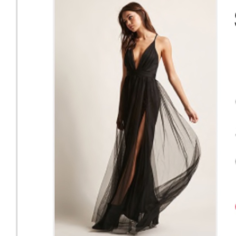 Black Plunge dress with tulle and high slits